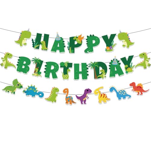 Neyeidru Dinosaur Happy Birthday Banner - Dino Garland with Cute Cartoon Style for Dinosaur Theme Birthday Party Sign Decorations for Kids Boys Girls