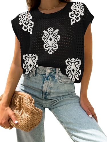 Image of Womens Summer Crochet Tops Hollow Out Cap Sleeve Cover Up Tank Top Pullover Sweater Vest Beach Vacation Clothes