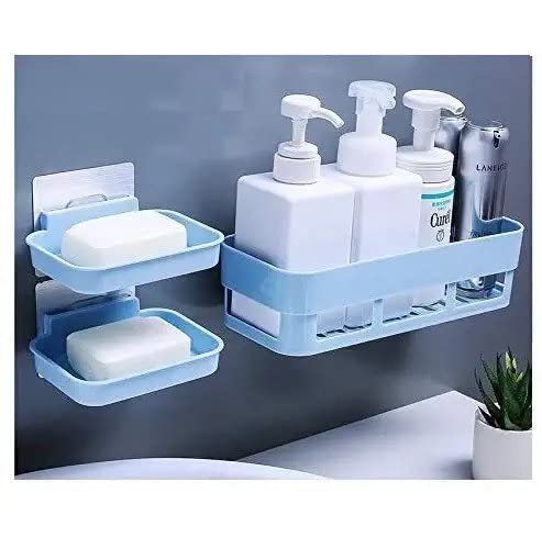 Khandhar Multipurpose Plastic Bathroom Wall Shelf, No Drill Self Adhesive Bathroom Shelve with Adhesive Magic Sticker, Wall Mounted Soap Shampoo Holder (1 Bathroom Shelf, 1 Soap Dish) (Blue-1Pcs.)