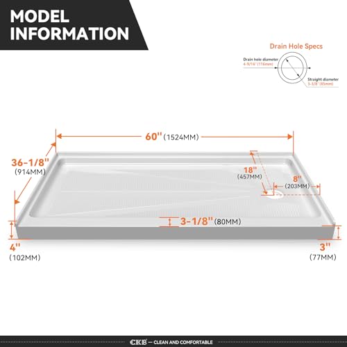 CKB 60 in. L x 36 in. W Single Threshold Shower Base, Right Drain Shower pan with Slip Resistant Textured Surface, White Acrylic Shower Base