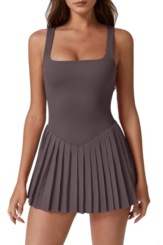 Image of QINSEN Womens Square Neck Tennis Dress Pleated Sleeveless Built in Shorts Golf Athletic Dress with Pockets