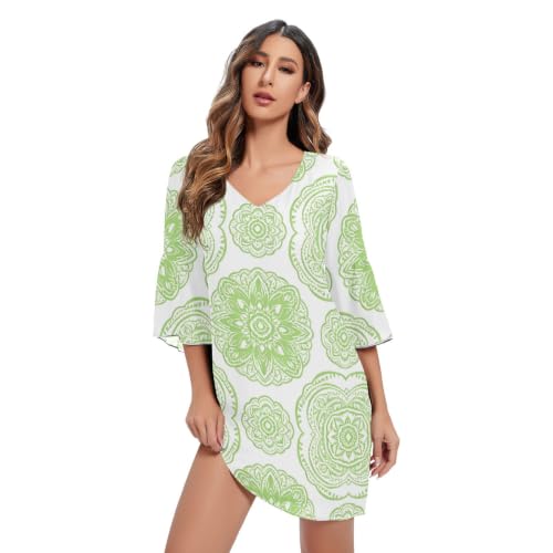 Robe trapèze en mousseline de soie vert citron mandala pour vos soirées d'été élégantes