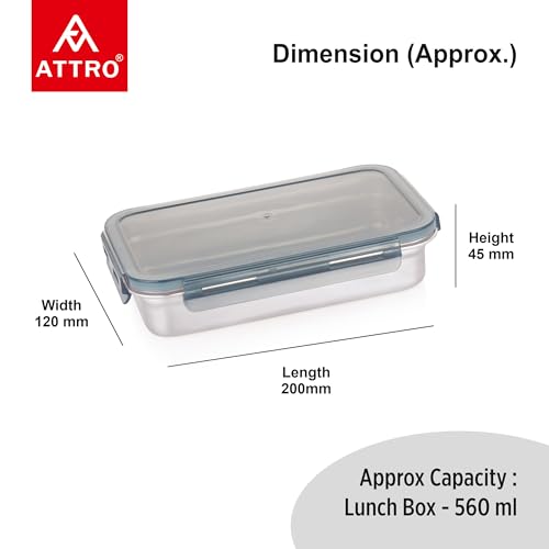 Image of Attro Steelox Rectangle Stainless Steel Container with Plastic Seal Lid BPA Free Food Grade Leak-Proof Ideal for School, Office & Outdoor Lunch Pack - 560ml Grey