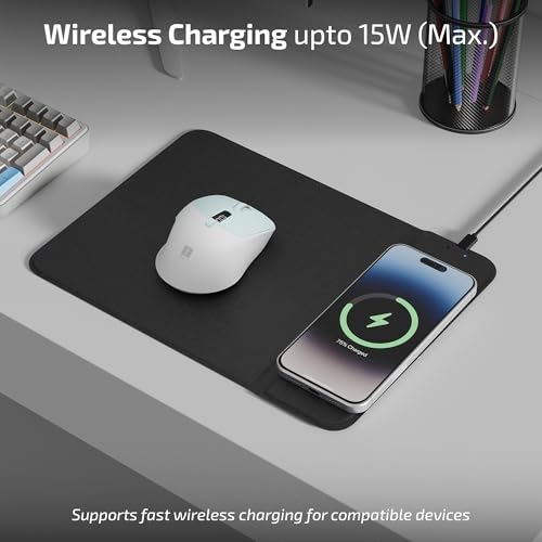 Image of iBall Tracky 200W, 15W Fast Wireless Charging Mousepad, Retractable Mobile Stand, Type C, Leatherite Surface, Anti-Skid Base, 7mm Slim, Smooth Glide, FOD Protection