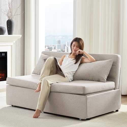 Image of BALUS 64 inch W Queen Size Pull Out Sleeper Sofa Bed Couch with Pullout Bed, 2 in 1 Convertible Linen Loveseat Sofa Sleepers with Pillows and Tri-fold Mattress for Small Space Loft Home Office, Beige