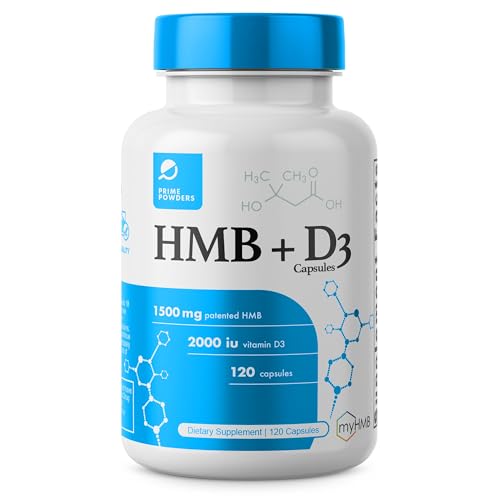 Prime Powders HMB and Vitamin D3 Supplement, 1,500mg Patented Formula with Clinical Dose, Preserve Lean Muscle with Ageless Performance, Beta-Hydroxy Beta-Methylbutyrate Capsules, 120 Count