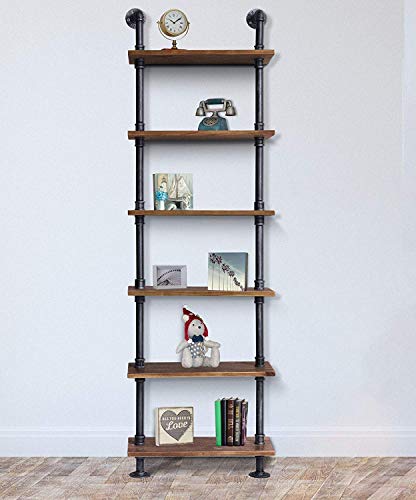 Diwhy 24”Width Industrial Pipe Shelves Rustic Modern Wood Ladder Bookcase With Metal Frame,Pipe Wall Shelf,Wood Storage,Home Decor,Display Shelving,Retro Floating Wood Shelving,6 Layer Bookshelf #TOP5