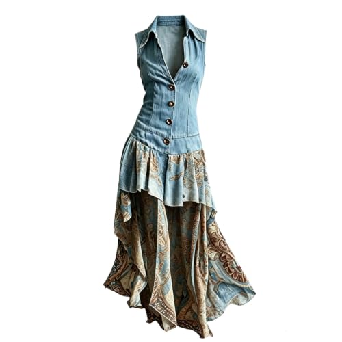 Robe patchwork femme bleue sans manches au design graphique unique