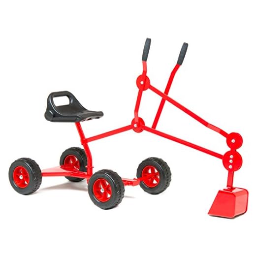 Sandbox Digger Toy Excavator with Wheels- Foldable Playground Equipment for Outdoor Play w/ No-Bend, No-Pinch Heavy Duty Metal Ride On Sand Construction Backhoe Fun (Ages 4-12) (red)