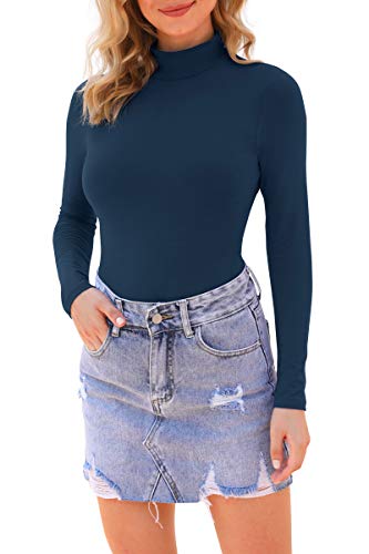 LAOLASI Women's Mock Turtle Neck Long Sleeve Slim Fit Casual Sexy Basic Bodysuit Daily Jumpsuit Shirts, 03-Navy Blue, Medium