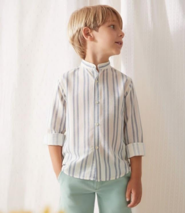 Image of A.T.U.N. (ALL THINGS UBER NICE) Boys 100% Cotton Band Collar Shirt | Soft Fabric with Button Front Style & Roll-Up Sleeves | Comfortable Casual Kids Shirt