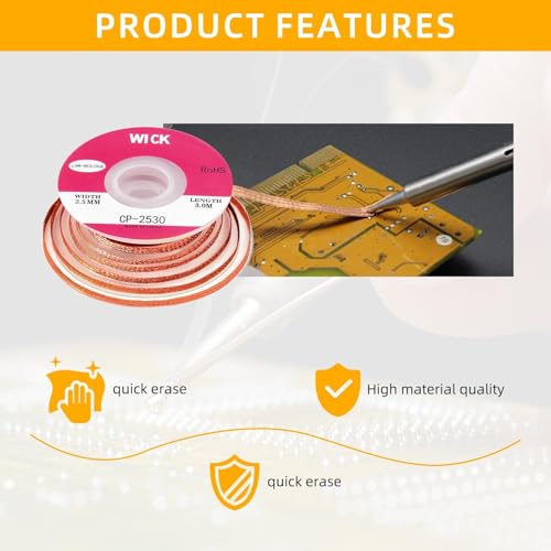 Image of 2.5mm Solder Wick Braid with Flux No-Clean Electronic, W 0.98'' L 10FT /3M Desoldering Wick with Flux & Liquid Solder for Solder Remover, Desoldering Braid No Clean Soldering Braid Wick Wire Roll