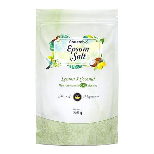 Nortembio Sales de Epsom 100% Fragancia Limón y Coco 850 g – Fuente Natural de Magnesio | Con Vitamina C y E Hidratante | Para Baños Relajantes, Spa y Cuidado de la Piel + E-Book Gratis