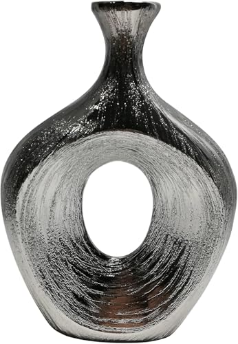 Stoneware Cut-Out Scratched Oval Vase –Textured Metallic Finish – Modern