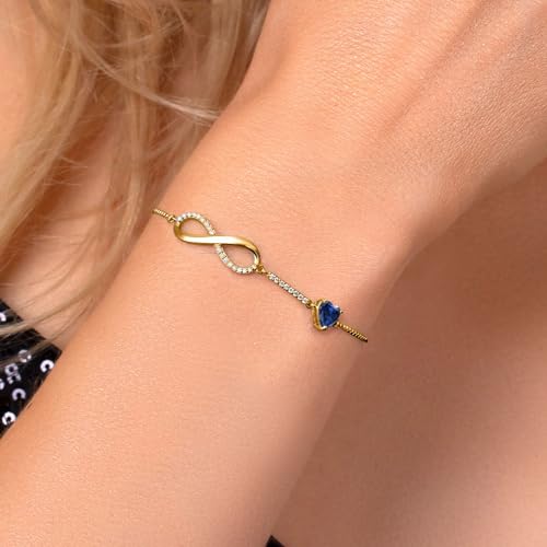 Gem Stone King 18K Yellow Gold Plated Silver Heart Shape 6MM Gemstone Birthstone and White Moissanite Infinity Tennis Bracelet For Women Fully Adjustable Up to 9 Inch4