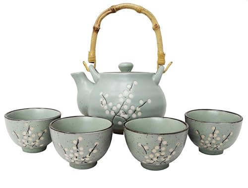 MystiCalls Service à thé japonais avec fleur de cerisier pour 4 personnes, 1 théière avec infuseur 4 tasses, coffret cadeau, cérémonie du thé, vaisselle japonaise