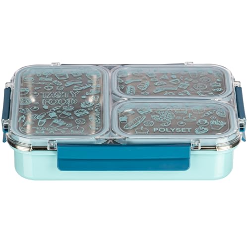 Image of Polyset Munch Mate 800 3 PARTITION - Blue Compartment Stainless Steel Lunch Box, Leakage Proof Lunch Box for School Kids and Adults Pack of 1 800ml