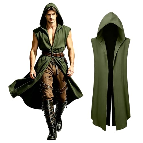 XYFDHJY Medieval Hooded Sleeveless Surcoat Renaissance Tunic Cloak for Halloween Cosplay (Green L)