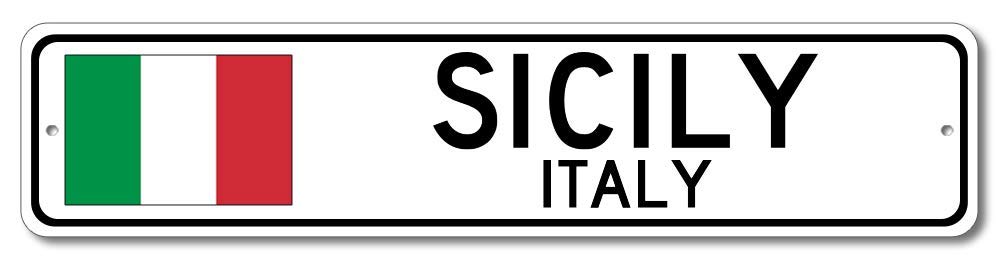 Sicily, Italy - Italian Flag Sign - Metal Novelty Sign for Home Decoration, Italian Restaurant Wall Decor, Street Sign, Italian Hometown Sign - 4x18 inches