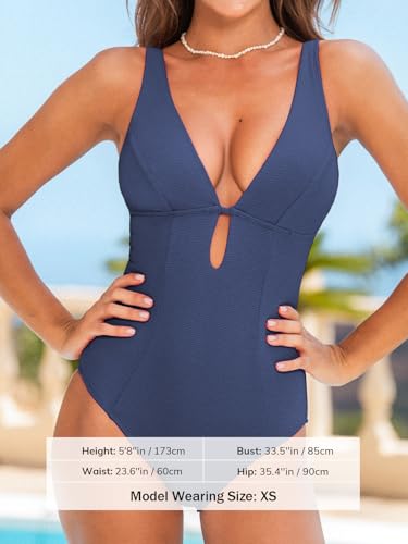 Image of CUPSHE Women's One Piece Swimsuit Deep V Neck Keyhole Cutout O Ring Textured Bathing Suit