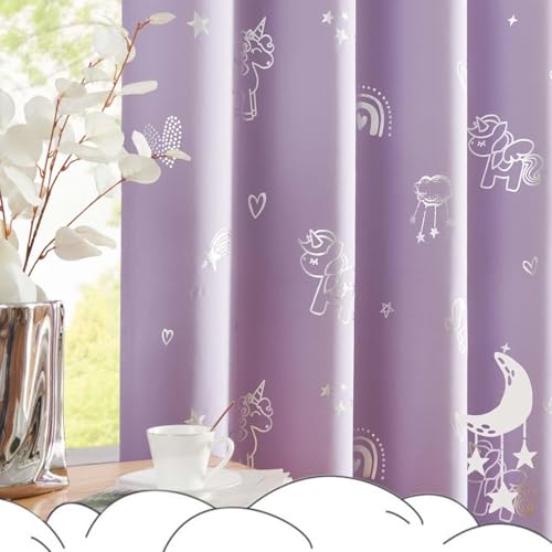 Image of BFAM Kids Blackout Curtains 9 feet Set of 1 - 100% Room Darkening, Thermal Insulated, Noise Reducing, Cute Unicorn Lilac Prints, Eyelet Curtains for Playroom, Bedroom & Nursery, Pack of 1 Curtain