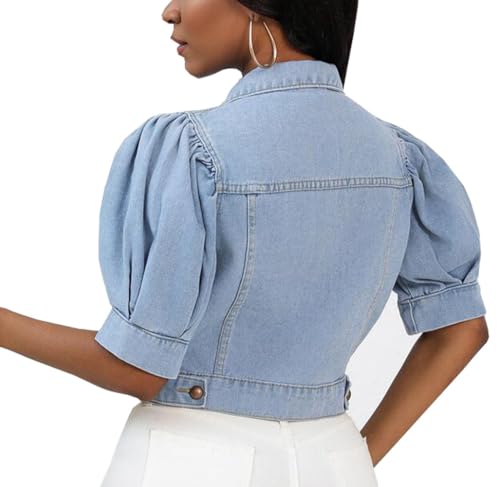 Women Solid Color Puffed Sleeves Cropped Short Denim Jacket Short Sleeve Button Down Jean Outerwear Coat2
