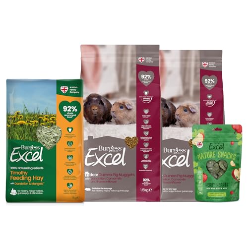 Burgess Excel 3KG Indoor Guinea Pig Food, 1KG Feeding Hay & Treat Value Bundle – Guinea Pig Nuggets & Dandelion & Marigold Feeding Hay for Indoor Guinea Pigs
