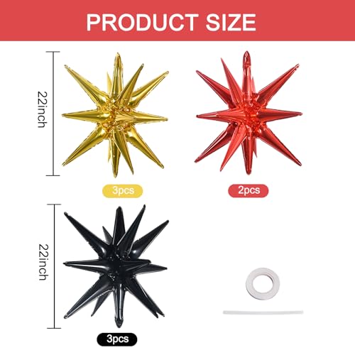 Image of TONIFUL 8 Pcs Explosion Star Balloons Black Red Gold Foil Party Decorations | 22 Inch Large Mylar Star Balloon for New Year Christmas Graduation Birthday Wedding Baby Shower Party Supplies