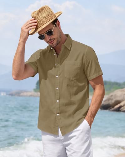 Image of J.VER Mens Linen Shirt Short Sleeve Button Down Casual Summer Shirts | Cotton Linen, Untucked, Big Tall, from Beach Camp Vacation, Cruise Fishing, Work Office, to Wedding Party Family, with Pocket