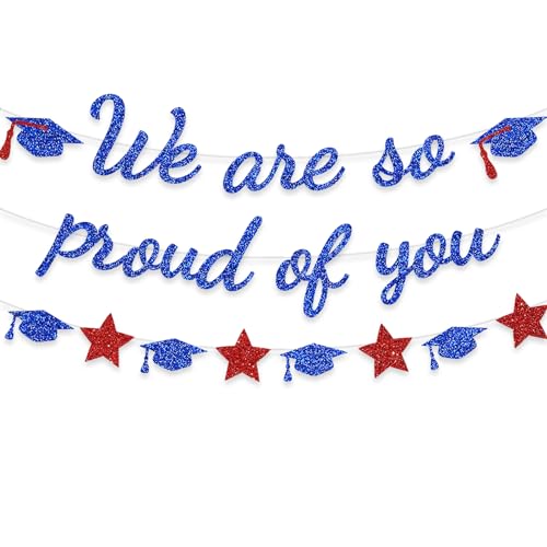 Image of We Are So Proud Of You Banner Graduation Party Decorations Glitter Congratulations Class Grad Ideas Blue Red