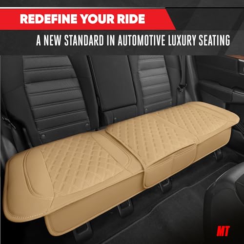 Image of Motor Trend Rear Seat Cushion - Beige Diamond Stitched Faux Leather Rear Seat Cover for Cars, Trucks, SUVs - Padded, Waterproof, Non-Slip Back Seat Cover with Storage Pockets
