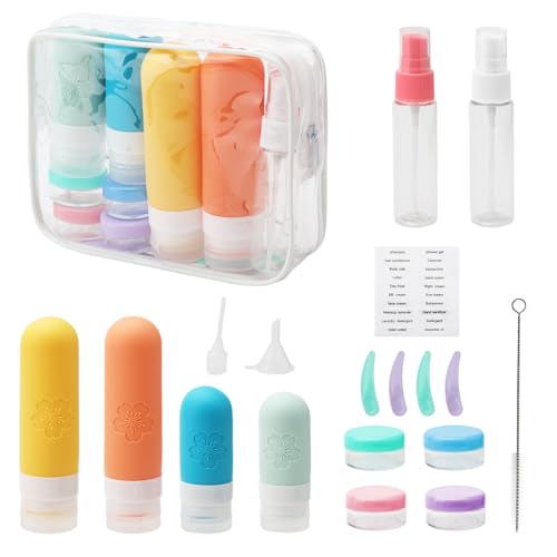ZMDMAH 17 Piezas Botellas de Viaje Silicona, 90 ml Juego de Botes Viaje Reutilizable con Bolsa Transparente con Estampado de Flores de Begonia Sin BPA, para Gel Champús Lociones y Líquido