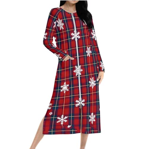 Women's Christmas Nightgown Zipper Front Loose Long Sleeve Nightshirt Split Side Pajamas Dress Sleepwear with Pockets