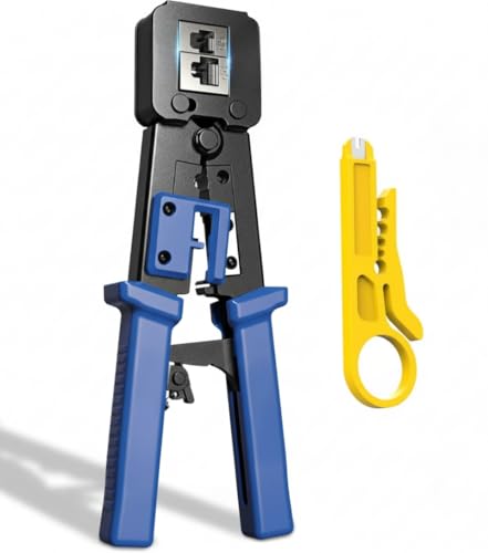 Image of XIKKART Pass-Through RJ45 Crimping Tool for CAT5 /CAT6 | Heavy-Duty Network Cable installation Crimper with Wire Stripper & Cutter | Professional Ethernet Connector Crimp Tool for Modular Plugs, (Blue)