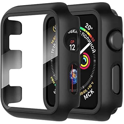 Diruite 2-Pack Portable Electronic Device Cover for Apple Watch Series 3/2/1 42mm, Hard PC Bumper & 9H Tempered Glass Screen Protector- Black Cover
