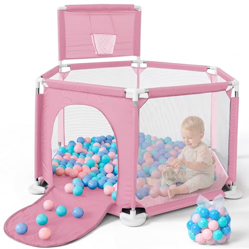 JUPPLIES Parque Infantil Bebe 127x127cm Hexagonal – Corralito Bebe con Malla Transpirable – Parque de Juegos Bebe con Puerta Lateral – Playpen Bebe   Parque con Canasta y Pelotas
