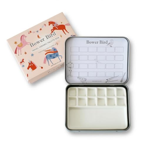 Bower Bird Travel Ceramic Watercolor Palette with Porcelain Mixing Tray Metal Tin Box White 5.3x3.5x0.55 Inches Portable Art Kit (12Well)