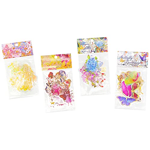 Aromoty Fairy Gold Foil Holographic Stickers Set(120 Pieces With 4 Themes)-Resin Transparent Waterproof Stickers,Butterfly,Flower Vintage Letter Planner Stickers For Scrapbook Junk Bullet Journals Laptop,Water Bottles Decor #TOP6