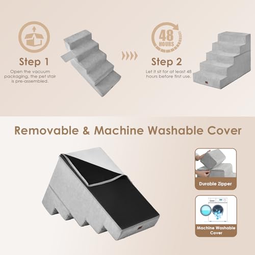 Image of EHEYCIGA Dog Stairs for High Bed 25 inch H, 5-Step Extra Wide Dog Steps for Bed, Pet Steps for Small Dogs and Cats, Non-Slip Balanced Pet Ramp Indoor, Light Grey