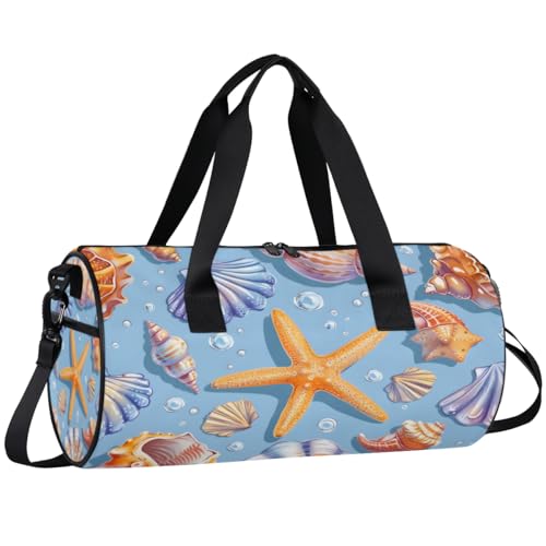 Ocean Shell Round Barrel Sports Fitness Bag, Orange Blue Travel Luggage Bag, Reusable Handbag, Suitable For Men and Women