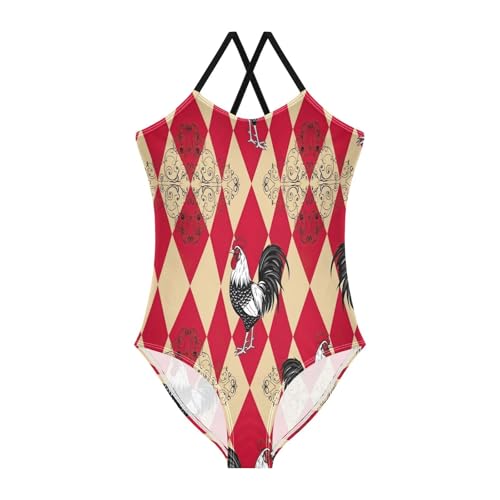Retro Rooster Red Checkered One Piece Girls Swimsuit, Beach Swim Suits Kids 3-10 Y with Adjustable Shoulder Strap, 3-10 Y