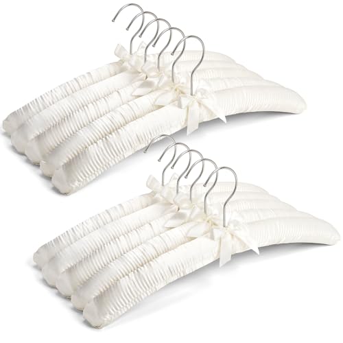 Amber Home 10 Pack Large Ivory Satin Padded Hangers, 17' Non-Slip Cushioned Hangers for Sweaters, Silk Dress, Wedding Dress, Bridal Gown, Cashmere
