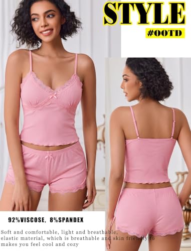 Image of Avidlove Women's Soft Ribbed Knit Cami Pajama Set Sexy V Neck Lace Trim Sleepwear Side Slit Shorts Lingerie Nightwear