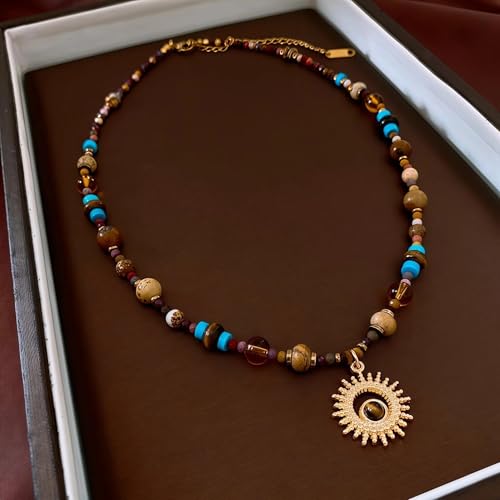 HbasdLH Gold Sun Pendant Beaded Necklace for Women, Handmade Stainless Steel Natural Stone Choker, Layered Bead Chain with Rice Beads and Gemstones, Vintage Boho Short Necklace Gift Box Included — view 3