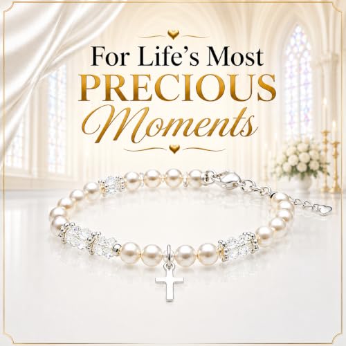 Image of Baby White Pearl Bracelet, Sterling Silver Cross Charm Baptism Gifts for Girl