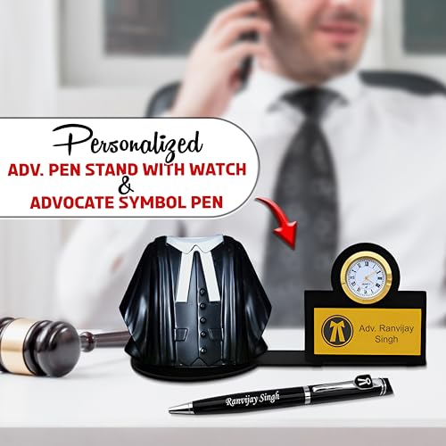 Image of SAVRI Personalized Advocate Coat Pen Stand with Watch & Adv Pen With Name Engraved. Ideal Gift for Advocates, Lawyers, Vakils & Judges. Best for Birthday, Ceremony, Anniversary - Size 4x8 Inch