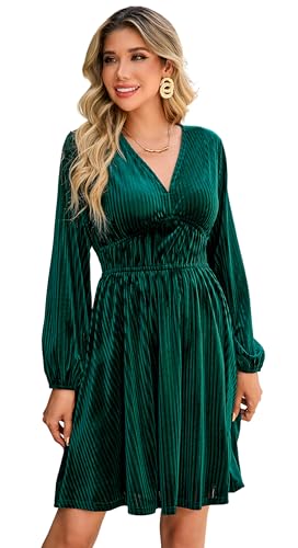 R.Vivimos Womens Fall Winter Velvet Striped Mini Dress 2026 Long Sleeve V Neck Elastic High Waist Elegant Casual A-Line Dress (Medium, Dark Green)