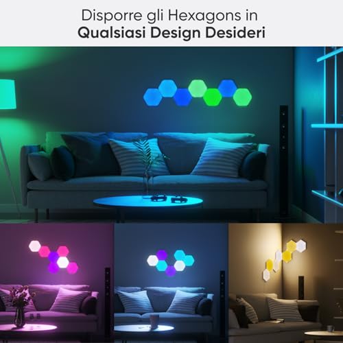 Shapes Hexagon Starter Kit, 9 Esagoni Luminosi LED RGBW Smart, Applique da Parete Interno Modulari, Luci Led 16M Colori WiFi, Funziona con Alexa, Sincronia Musica e Monitor, Deco e Gaming - Illuminazione - Immagine 1