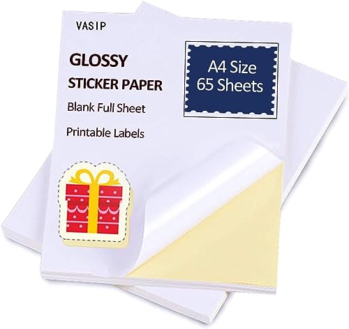 65 Sheets Glossy Sticker Paper, A4 Self-Adhesive Sticker Paper for Laser and Injection Printers (65 Sheets)