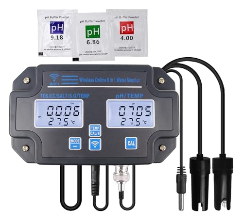 6-in-1 Smart Water Quality Tester pH, TDS, EC, Salinity, SG & Temperature with Wi-Fi Monitoring, Real-Time Data, Wall-Mounted Design, and Mobile App Control for Fish Ponds, Aquariums, and Hydroponics